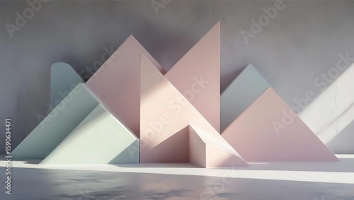 Abstract geometric shapes, light pastel colors, minimalist display.