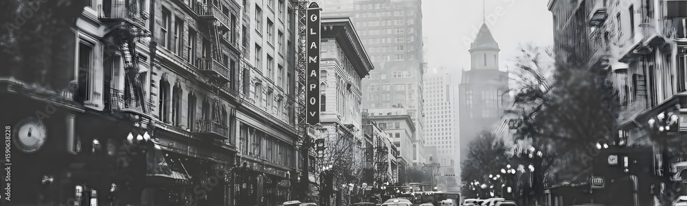 Obraz premium Black and white of a city street, banner, copy space