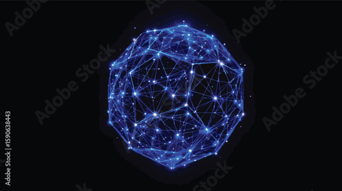 Abstract blue digital sphere representing connected network or data flow on black background.