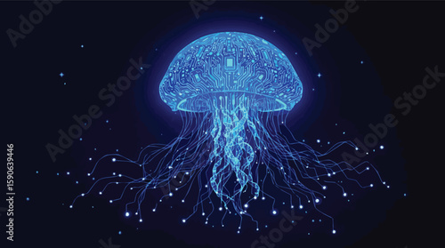 Abstract digital art depicting a glowing circuit board jellyfish floating in space.