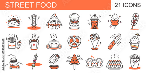 A vibrant set of 21 linear icons featuring popular street food items with cute faces. Ideal for menus, food blogs, packaging, and fun culinary-themed designs.