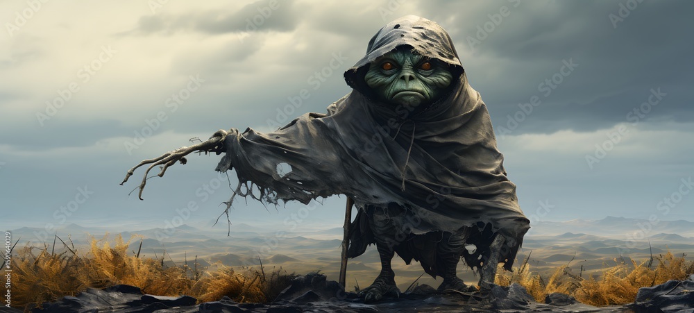 Fototapeta premium A haunted gothic HubGoblin perched on a wind-swept hill ,ai generative