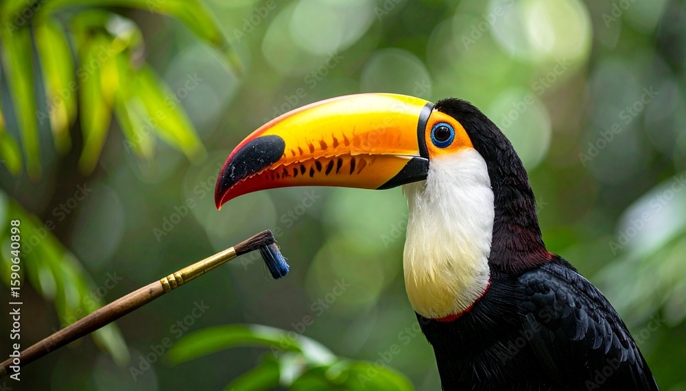 Obraz premium A toucan holding a paintbrush, tropical background