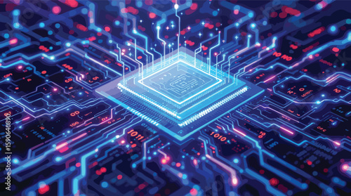 Abstract illustration of a glowing computer processor with a circuit board design concept.
