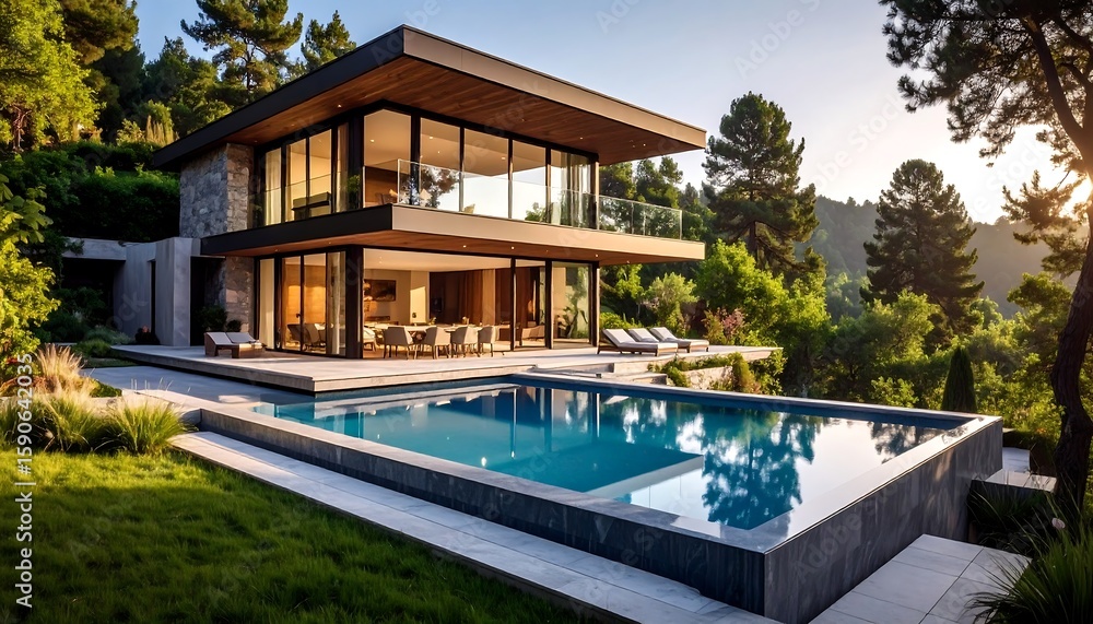 Obraz premium Modern house with pool nestled in lush landscape