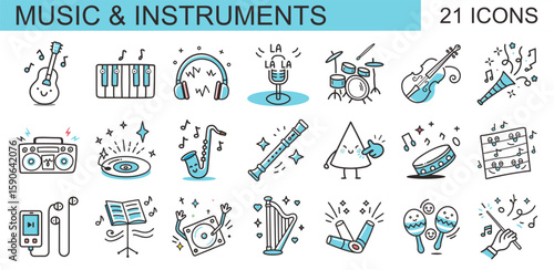 A vibrant set of 21 linear icons featuring musical instruments, audio gear, and symbols. Ideal for music apps, event posters, websites, and creative music-themed designs.