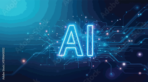 Artificial intelligence concept depicted with circuit board and glowing neon blue lettering.
