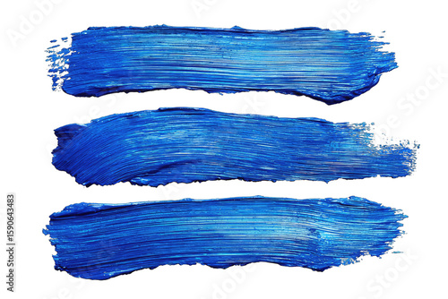 Three horizontal brushstrokes of deep blue paint on a black background, exhibiting texture and variation in tone