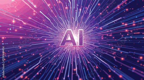 Conceptual visualisation of artificial intelligence with radiant light trail and electronic circuitry.