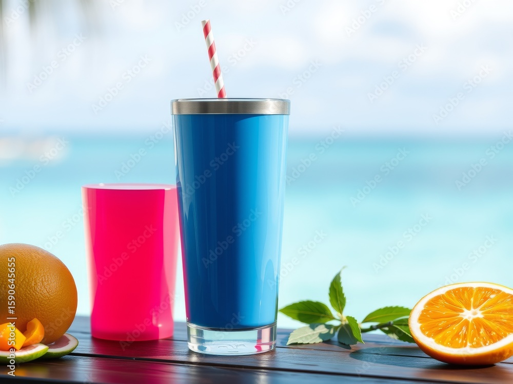 Blue drink with straw and oranges on a wooden table with a pink cup and ocean background visible Blue drink with straw and oranges on a wooden table with a pink cup and ocean background visible