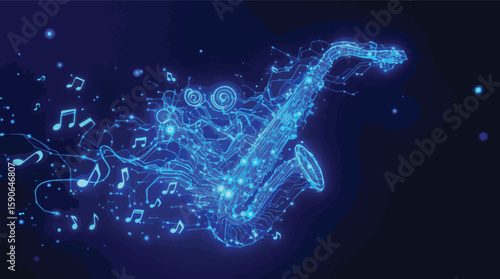 Digital illustration of a glowing blue saxophone instrument with musical notes in space.