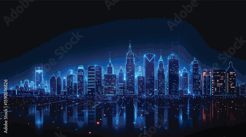 Digital illustration of a neon futuristic city skyline at night with reflections.