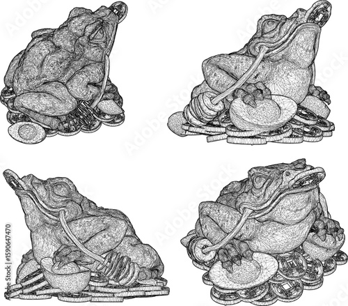 Vector sketch illustration silhouette design of mythological animal statue of frog with classic vintage ethnic traditional coin