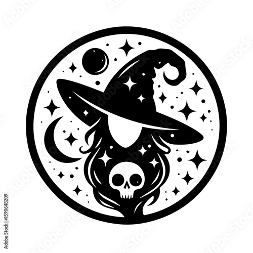 Mystical Witch Silhouette: A captivating illustration of a witch, framed within a circle. The design includes a witch hat, stars, a crescent moon, and a skull, all set against a cosmic background. 