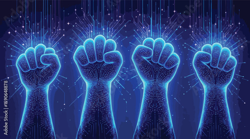 Digital revolution power empowered hands with circuitry and futuristic technology elements.