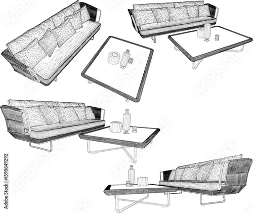 Vector sketch illustration of a silhouette design of a set of dining room table and chairs made of wood