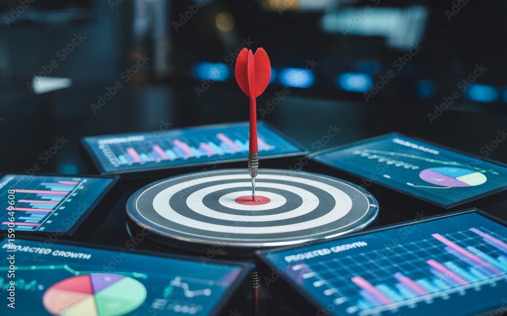 Fototapeta premium A professional marketing and analytics concept image featuring a red dart hitting the bullseye of a large circular target board with concentric gray and white rings.