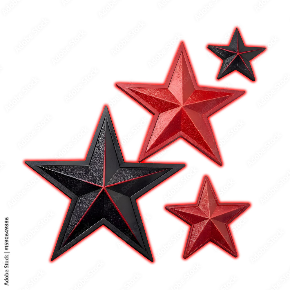 Obraz premium Hanging Geometric Stars: Bold Red and Black 3D Ornaments on Black Background.