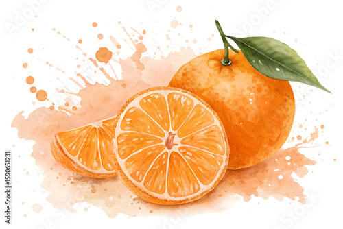 Watercolor orange with slices and splash , artistic fruit illustration in vibrant paint style