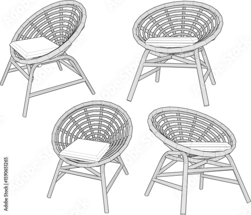 Vector sketch illustration of a silhouette of a chair design in the garden made of rattan
