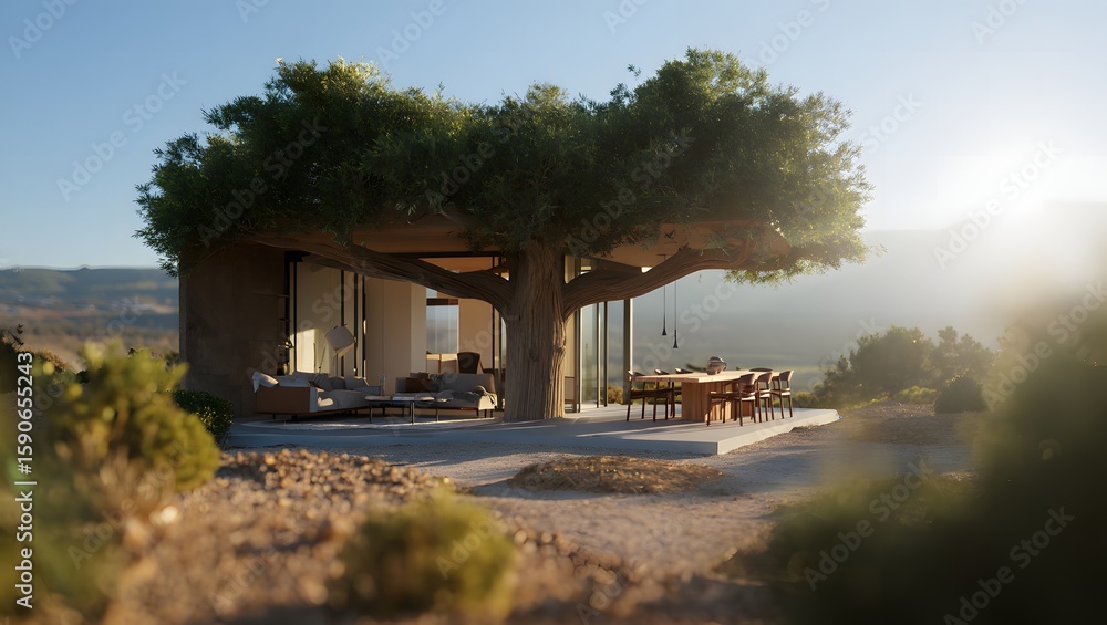 Obraz premium Modern architectural home integrated with a large tree providing shade for outdoor living spaces
