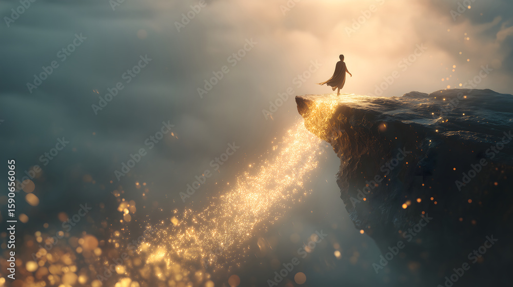 Fototapeta premium A person taking a first step off a cliff into the unknown. A conceptual image of a person taking a brave first step off a high cliff, not falling, but stepping onto a magical, glowing path that appear
