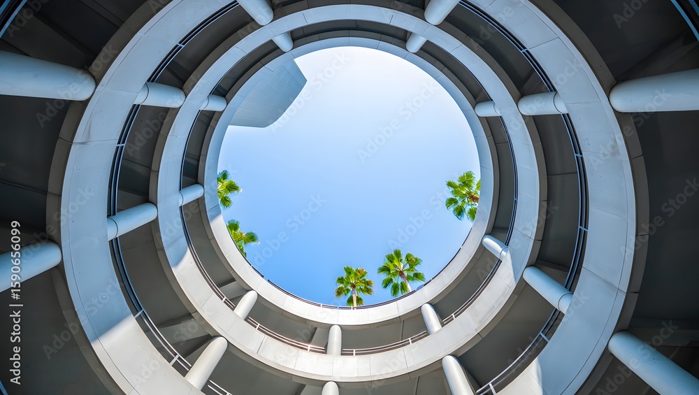 Fototapeta premium Looking up through a circular parking garage with palm trees against a bright blue sky