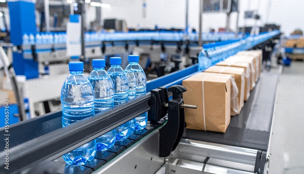 Naklejka premium Water bottles on a conveyor belt in a bottling factory. Modern factory