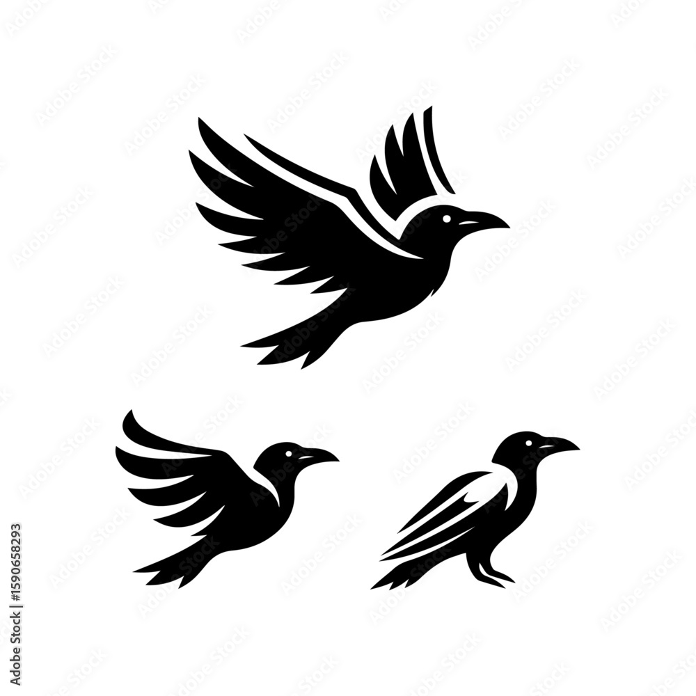 Fototapeta premium Black crow cartoon vector with black shadow
