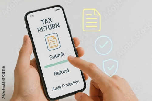 Finger Tapping Tax Return Submission on Mobile Interface Showing Refund Status and Audit Protection
