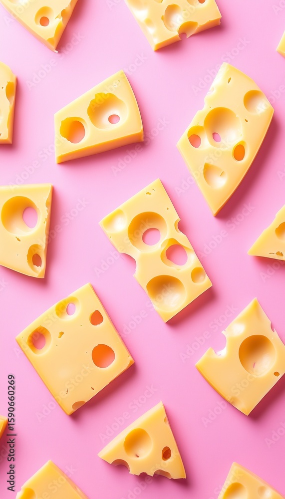 Fototapeta premium Yellow cheese slices pattern repeat with hole on pink solid background