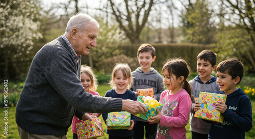 Elderly man happily giving wrapped gifts to a group of smiling children outdoors.