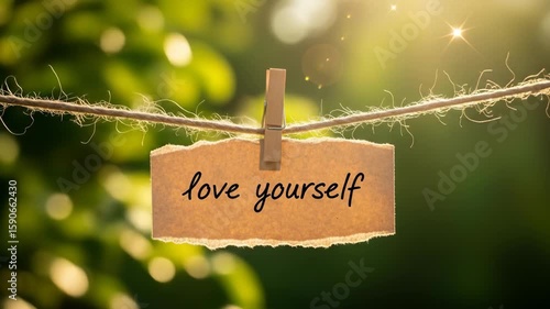 Motivational message love yourself hanging on clothesline outdoor soft focus inspirational note