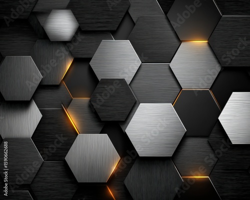 A futuristic arrangement of metallic hexagons with brushed surfaces and glowing amber highlights.