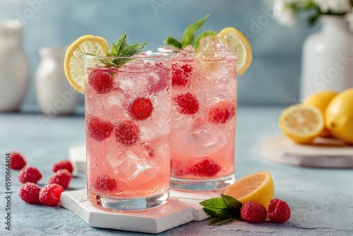 Wallpaper Mural Two tall glasses of refreshing pink lemonade with raspberries, ice cubes, and mint leaves, garnished with lemon slices, perfect for a hot summer day Torontodigital.ca