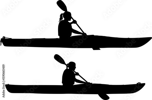 2 vector silhouettes of a male and female "flat water" kayaking together in a tandem kayak. 2 Vector Silhouettes of a man kayaking and a woman kayaking in a single	