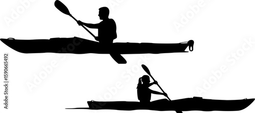 2 vector silhouettes of a male and female "flat water" kayaking together in a tandem kayak. 2 Vector Silhouettes of a man kayaking and a woman kayaking in a single	