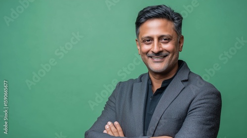 Wallpaper Mural Smiling middle-aged South Asian man with crossed arms on plain green backdrop approachable professional Torontodigital.ca