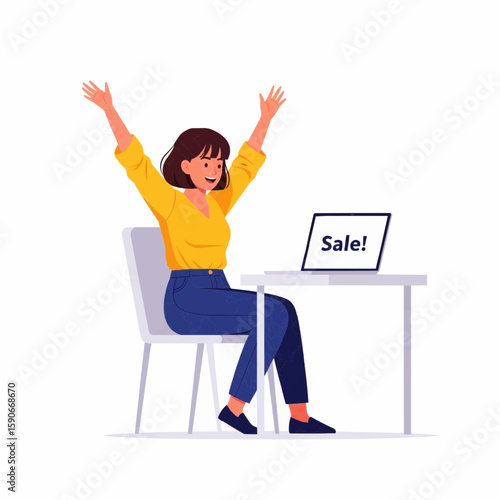 Woman Celebrating First Sale Notification on Laptop – Flat Vector Illustration