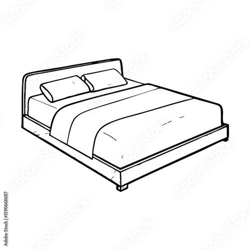Chalk style illustration of a modern bed with pillows and blanket  