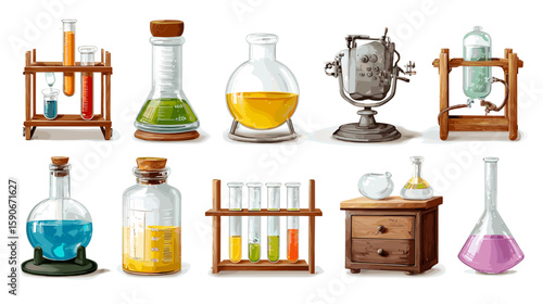 Collection of vintage laboratory glassware including flasks test tubes and distillation apparatus on display on transparent background