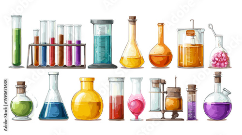 Illustration of various laboratory glassware including test tubes flasks and graduated cylinders filled with liquids on transparent background