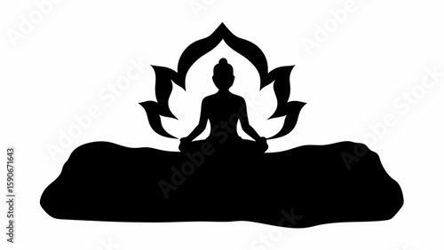 Silhouette of a person meditating in lotus position with a lotus flower behind them on a textured base