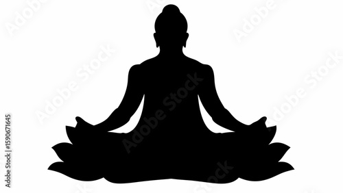 Silhouette of a buddha figure sitting in lotus position on a lotus flower against a white background