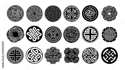 Collection of intricately designed oval shapes featuring various celtic knot patterns and motifs artfully arranged on transparent background