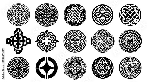 Collection of fifteen black and white celtic knot designs in oval and cross shapes arrangement art on transparent background