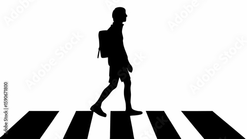 Silhouette of a person with a backpack crossing a zebra crossing on a white background in a simple style