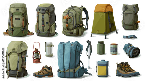 A collection of various camping and hiking gear including backpacks boots and other outdoor equipment items on transparent background