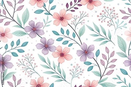Wallpaper Mural Seamless Pastel Floral Pattern with Small Blossoms and Soft Leaves on White Background, Elegant Spring Vector Design for Textiles, Packaging, or Backgrounds Torontodigital.ca