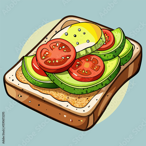 Avocado and tomato sandwich illustration showcasing healthy food. Colorful illustration of a delicious sandwich with slices of avocado and tomato on toasted bread.